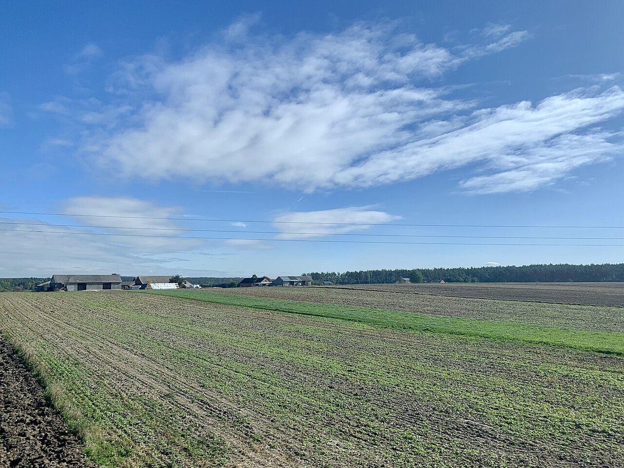 Fields and countryside seen from a train window.