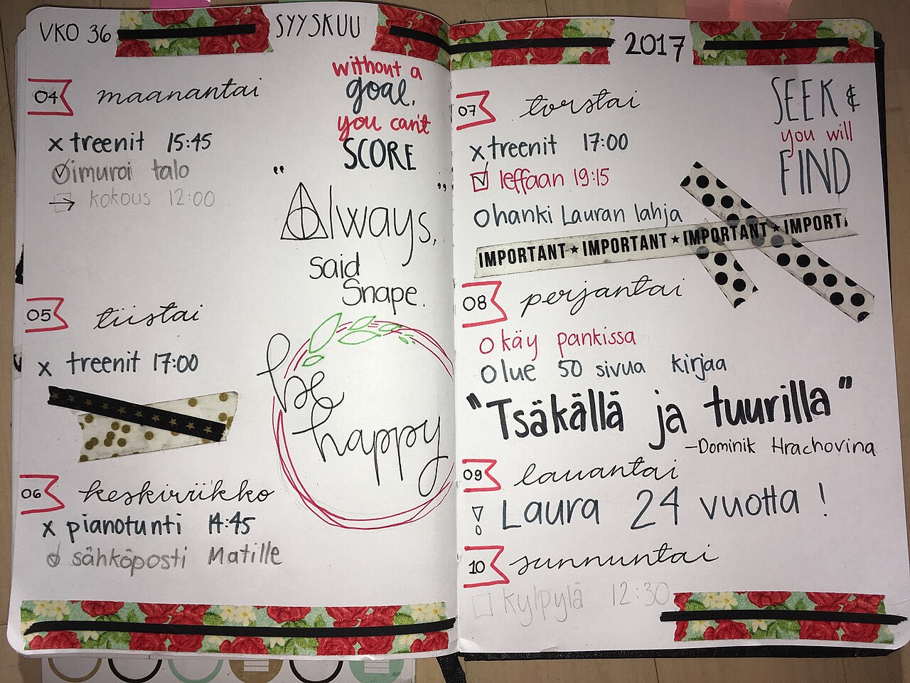 An open handwritten weekly planner with colourful markings.
