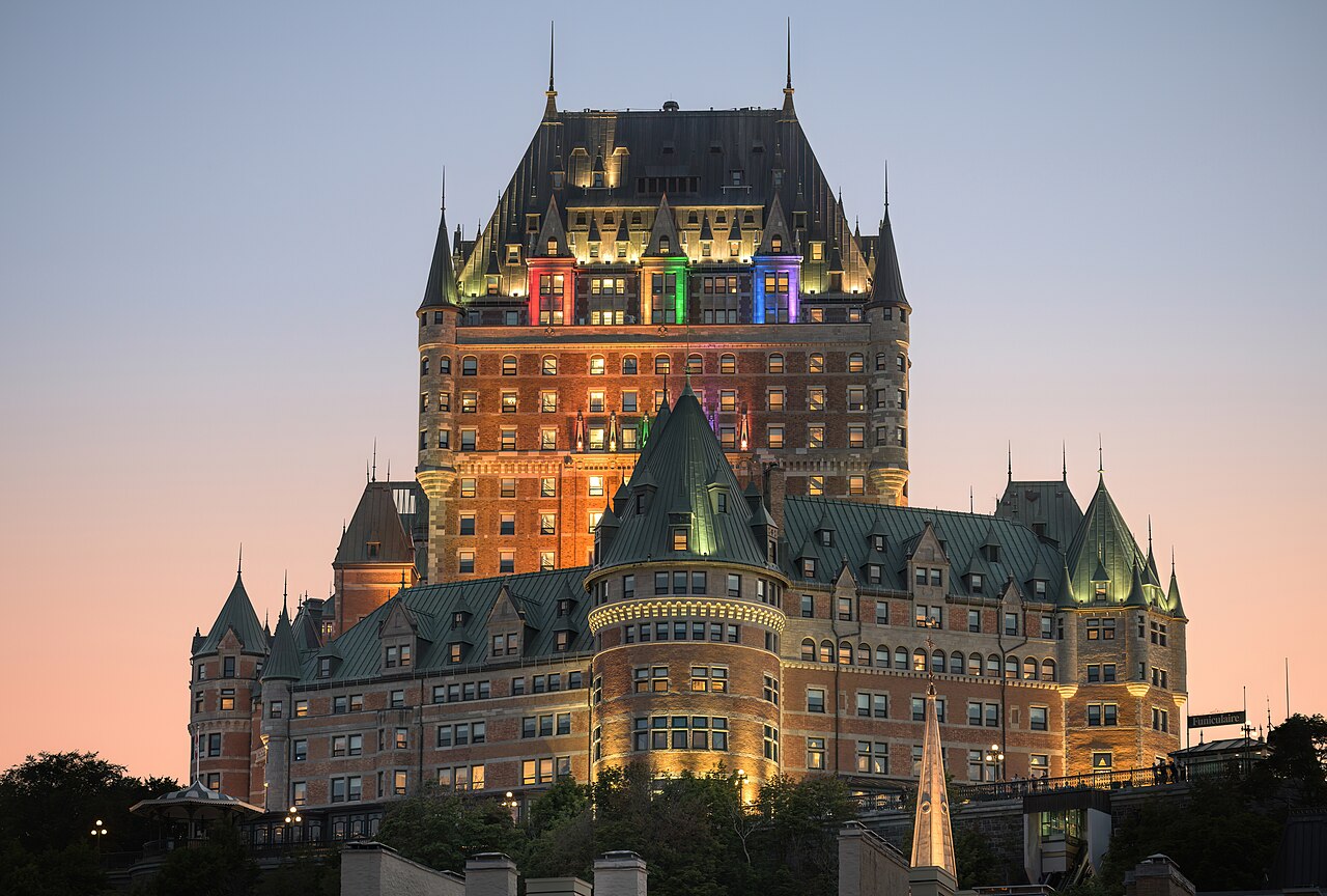 The Château Frontenac hotel building at dusk.