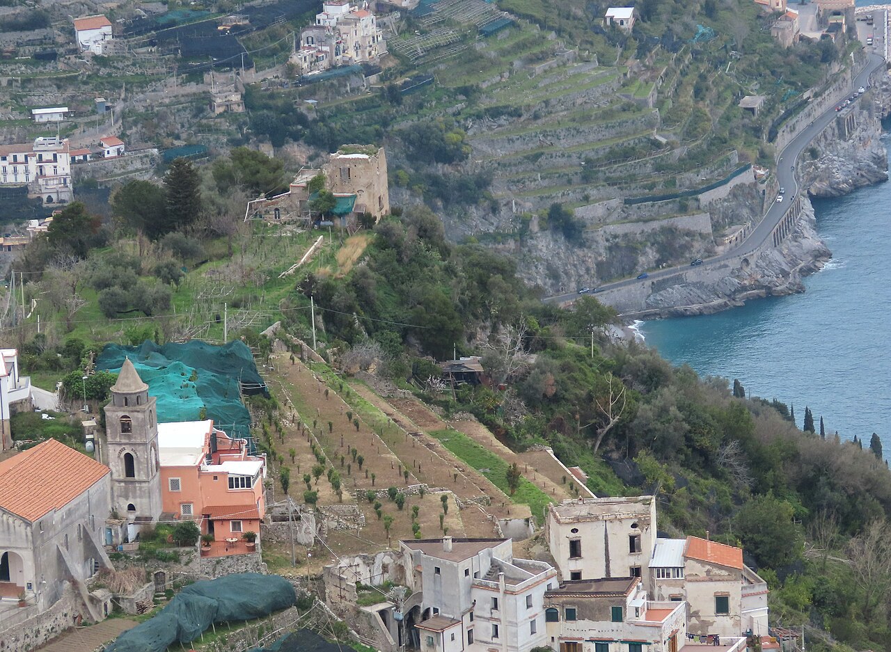 A winding road, houses and terraces on a steep coastline.
